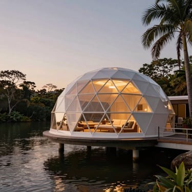 A luxury geodesic holiday dome glowing with soft gold light at dusk, suspended over a dark tropical Queensland waterway.