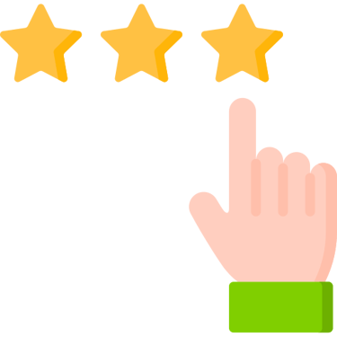 A hand pointing to three gold customer rating stars for a service review icon.