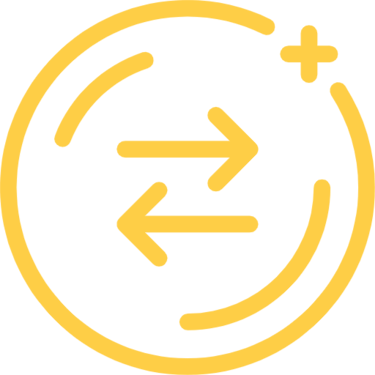 Yellow transfer icon with horizontal exchange arrows and a plus sign inside a circular border.