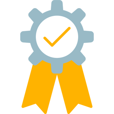 Quality assurance icon featuring a gray gear with a yellow checkmark and award ribbons.