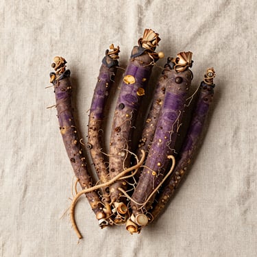 Overhead arrangement of fresh priprioca roots and fibrous stems on raw linen, natural flat light, earthy purple-brown tones against cream fabric