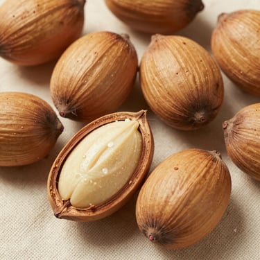 Overhead close-up of murumuru palm nuts cracked open on a coarse linen surface, natural daylight from above, warm ochre and cream tones