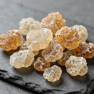 Close-up of dried breu branco resin chunks on a slate-grey stone surface, overcast daylight, pale translucent amber crystals against dark stone
