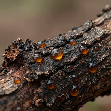 Overhead study of copaíba resin droplets on a dark bark segment, natural diffused light, warm amber tones, precise botanical framing