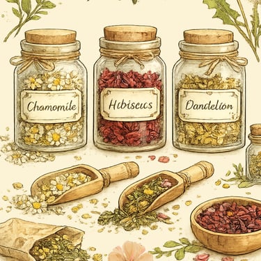 Chamomile, Hibiscus, and Dandelion Loose Leaf in clear Mason Jars.