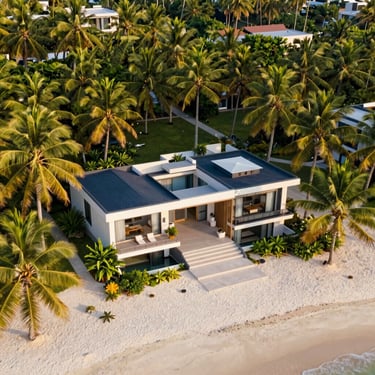 Architectural drone rendering of a modern tropical villa on a white-sand beach, surrounded by mature coconut palms, warm afternoon light.