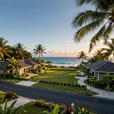 Wide environmental shot of an elevated residential lot in Samal, overlooking the ocean, framed by lush tropical foliage and clean property lines.