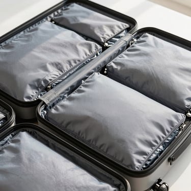 Neatly packed travel packing cubes inside an open suitcase, bright natural light, clean minimalist aesthetic