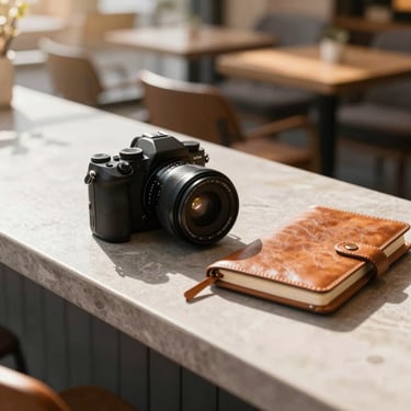 Bright editorial style photo of a sleek mirrorless camera next to a leather notebook on a cafe counter, golden hour light