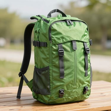 Bright editorial close-up of a high-quality green travel backpack resting on a clean wooden table, soft natural sunlight