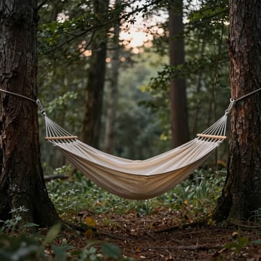 A soft fabric hammock suspended high between two massive trees in a quiet forest at twilight
