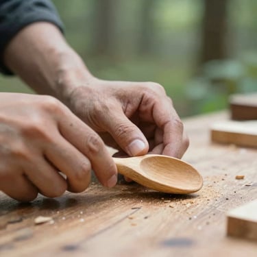 Hands carving a small wooden spoon from forest wood on a rustic workbench, soft natural light