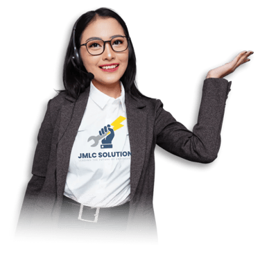 a woman in a business suit and headphones