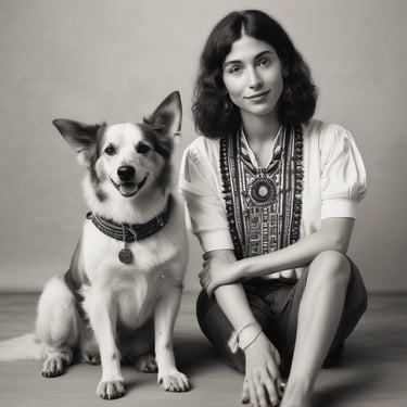 Retrato en blanco y negro de mujer feliz sentada junto a su perro con joyas a juego