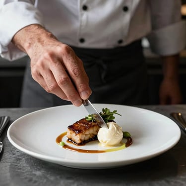 Mains d'un chef dressant délicatement une assiette moderne sous une lumière naturelle contrastée.