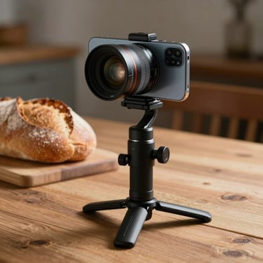 Un smartphone stabilisé sur un trépied devant un plan de travail en bois où repose du pain artisanal.