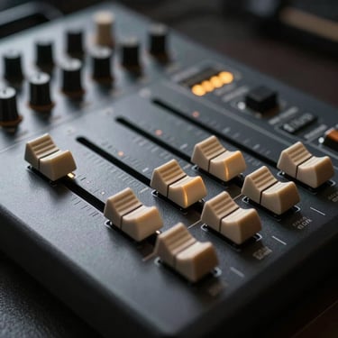 Macro shot of a professional solid-state logic soundboard, low-key dramatic studio lighting, sharp gold rim lights on physical faders, shallow depth of field