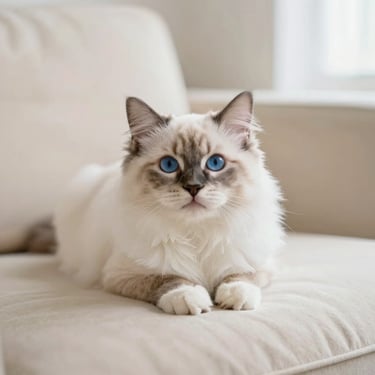 Ragdoll kitten with striking blue eyes and silky colorpoint coat resting on a cream cushion, soft lighting