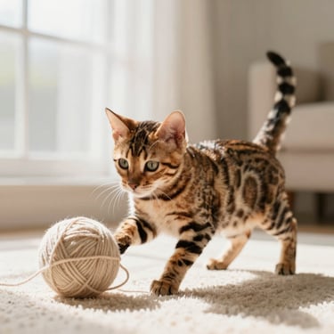 Bengal kitten with beautiful rosette spotted wild coat playing with a soft yarn, sunlit living room
