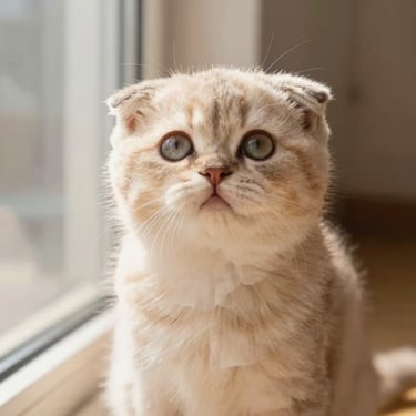 Scottish Fold kitten with folded ears and large round expressive eyes looking up, warm domestic setting