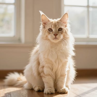 Maine Coon kitten with large tufted ears and majestic wild look sitting on a wooden floor, soft golden light
