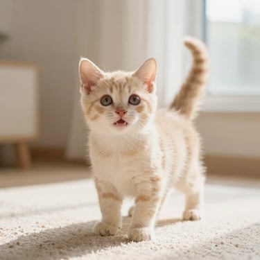 Munchkin kitten with short legs and playful expression standing on a soft rug, warm natural light