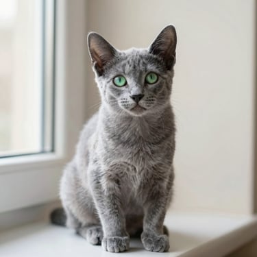 Russian Blue kitten with plush silvery-blue coat and vivid green eyes sitting elegantly, soft daylight