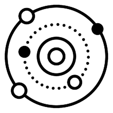 Black and white abstract solar system icon with concentric circles and orbiting planets.