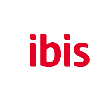 Official red ibis hotel logo centered on a white pillow shape background.
