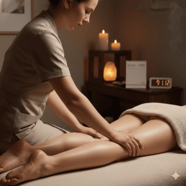 Masajista profesional realizando un relajante masaje linfático en un spa con velas e iluminación cá