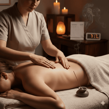 Masajista profesional realizando un relajante masaje de espalda con incienso y velas..