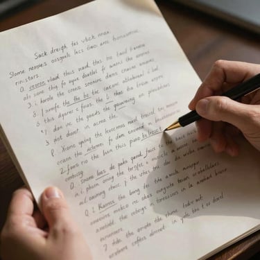 Close-up of hands holding a heavily annotated script, weathered paper with handwritten pencil notes, dramatic side lighting casting long shadows across the pages