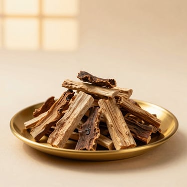 A pile of raw, aromatic oud wood chips arranged elegantly on a brushed gold plate, soft misty studio background, warm lighting.