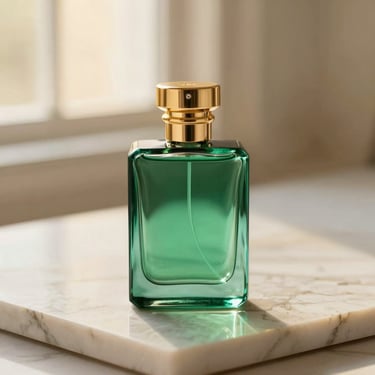 Close-up of a luxurious emerald green perfume bottle with a heavy gold cap, resting on a polished champagne marble slab, soft side lighting.