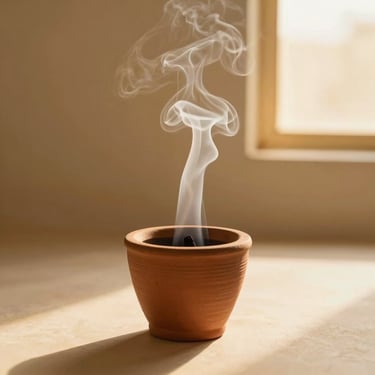 Fragrant white smoke rising from a traditional clay burner containing burning bakhoor, warm golden glow, minimalist setting.