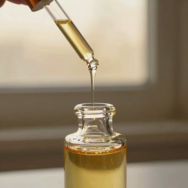 Thick golden attar oil slowly dripping from an ornate glass dropper into a crystal vial, capturing light rays, shallow depth of field.