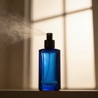 A fine mist of fragrance spraying from a sleek royal blue glass bottle, backlit by warm studio light, high-contrast luxury.