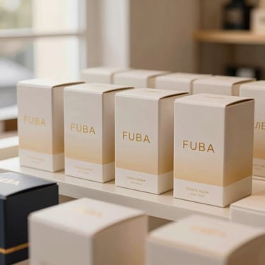 Bespoke custom perfume packaging boxes with gold foil lettering, arranged in a clean, modern high-end showroom.