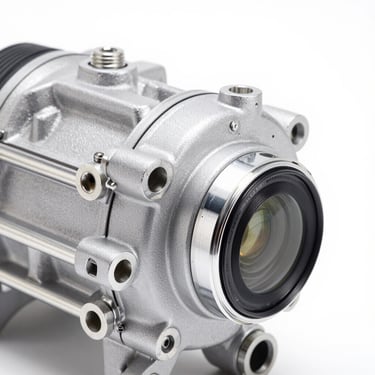 Close-up macro shot of a modern electric automotive AC compressor, polished aluminum housing, bright high-key studio lighting, 50mm lens