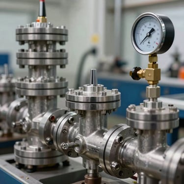 Macro technical shot of high-pressure valves, stainless steel manifolds, and a pressure gauge on an industrial skid, sharp lighting.