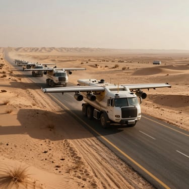 Cinematic shot of a heavy transport fleet moving through a high-contrast desert highway at golden hour, long shadows, environmental scale.