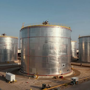 Cinematic wide shot of massive industrial crude oil storage tanks in a desert terminal, shimmering heat distortion, high-contrast light.