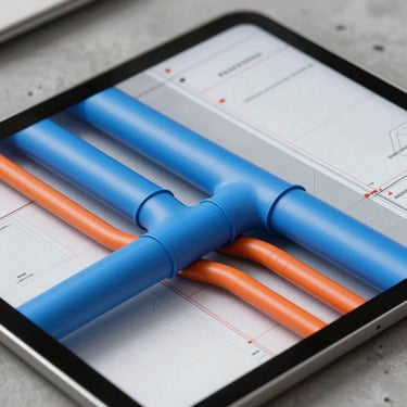 Extreme close-up of a detailed BIM coordination model on a tablet, showing overlapping HVAC ductwork in blue and electrical conduits in orange against a concrete background, crisp daylight.
