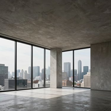 Minimalist penthouse interior with high ceilings, raw plaster walls, and sweeping metropolitan skyline views through floor-to-ceiling windows