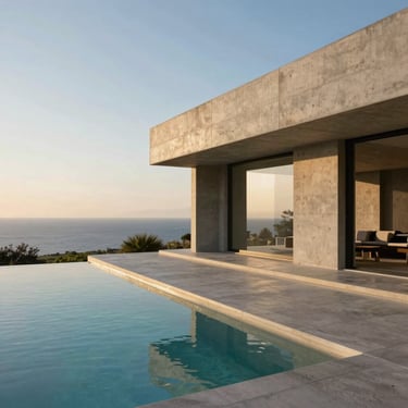 Monolithic concrete villa overlooking the Mediterranean, low-angle golden hour light, minimalist pool in foreground