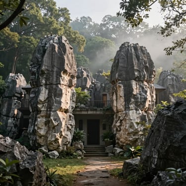 Symmetrical limestone residence nestled in a mature forest, soft morning mist, dramatic shadows