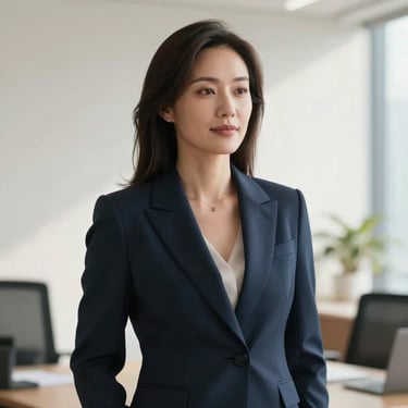 A professional portrait of a woman in her late 30s with a confident and serene expression, wearing a dark slate blue professional suit, in a bright office space with soft off-white natural lighting.