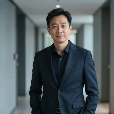 A professional portrait of a man in his 40s with a kind and purposeful expression, wearing a dark navy blazer, standing in a modern hallway with soft grey-blue lighting.