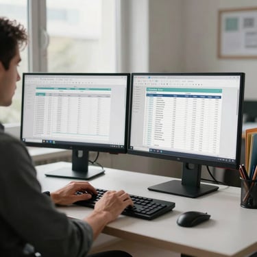 Medium shot of a professional at a clean desk in a window-lit home office, hands resting on keyboard, dual monitors showing spreadsheet and tax summary panels, organized folders visible to one side, neutral overhead lighting