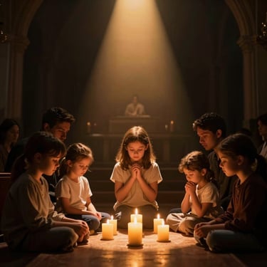 Warm candle light illuminating a family praying together, dark background, dramatic church photography, 35mm